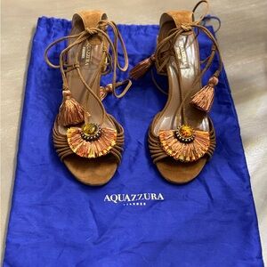 Aquazzura Women’s Samba embellished tan suede block heel sandals.